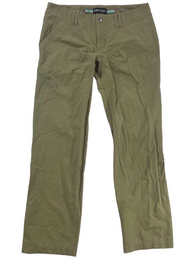 The Marmot Women's Hiking Pants in olive green feature a straight-leg design, front pockets, and a button closure, shown laid flat on a white background.