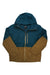 The Marmot Men's Lightray GTX Jacket, a waterproof insulated men’s winter coat with a teal upper and hood, tan lower section and sleeves, front zipper, and two side pockets, is color-blocked and shown laid flat on a white background.