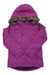 The Burton Girls Bennett Jacket is a purple winter coat featuring a hood with faux fur trim, long sleeves, and a black patch on the upper left arm. The kids' jacket is shown laid flat with the front side visible.