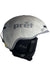 A Pret Men's Cynic X2 Ski Helmet in gray with a subtle camouflage pattern, black adjustable straps, adjustable venting, size S label, and a QR code sticker on the side.