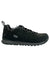 The Oboz Womens Jeannette Low Shoe is a black and dark gray suede leather outdoor athletic shoe with a rugged sole, gray laces, and a heel loop—ideal for hiking or trail use.