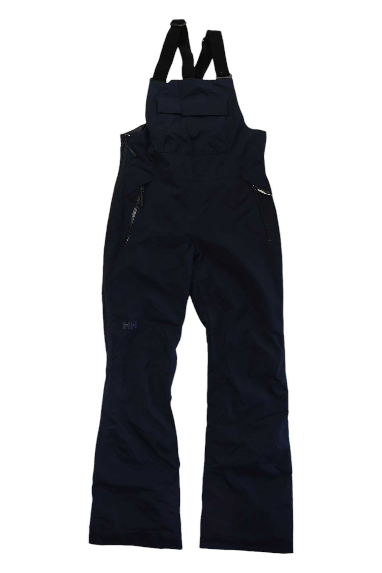 The Helly Hansen Womens Legendary Insulated Bib Pant in black, featuring adjustable shoulder straps and zippered pockets, is displayed flat on a white background.