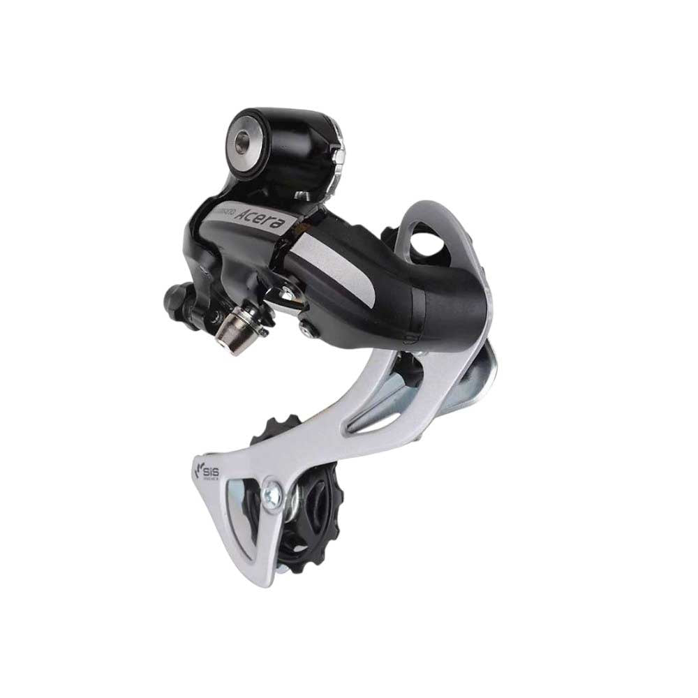 Long-cage rear derailleur in black and silver with Shimano branding