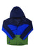 Kids Terrain comp jacket, hooded, front-zip; navy with blue and green color blocks.