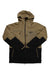 The Picture Mens Track Jacket features a tan upper/hood and black lower/sleeve ends, is waterproof and insulated, with a front zipper, two chest pockets, and two side pockets—ideal as a sustainable outdoor jacket.