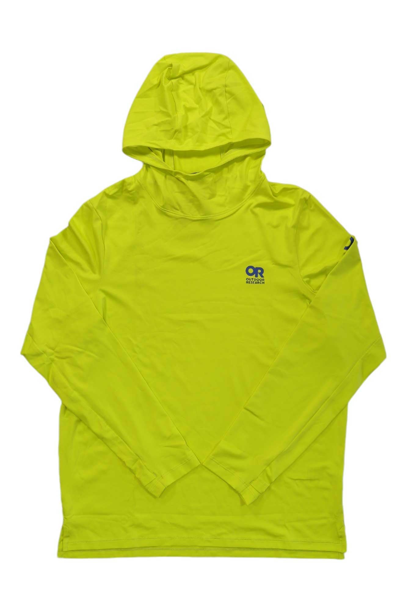 Lime yellow hooded sun hoodie with OR logo on chest, pullover design