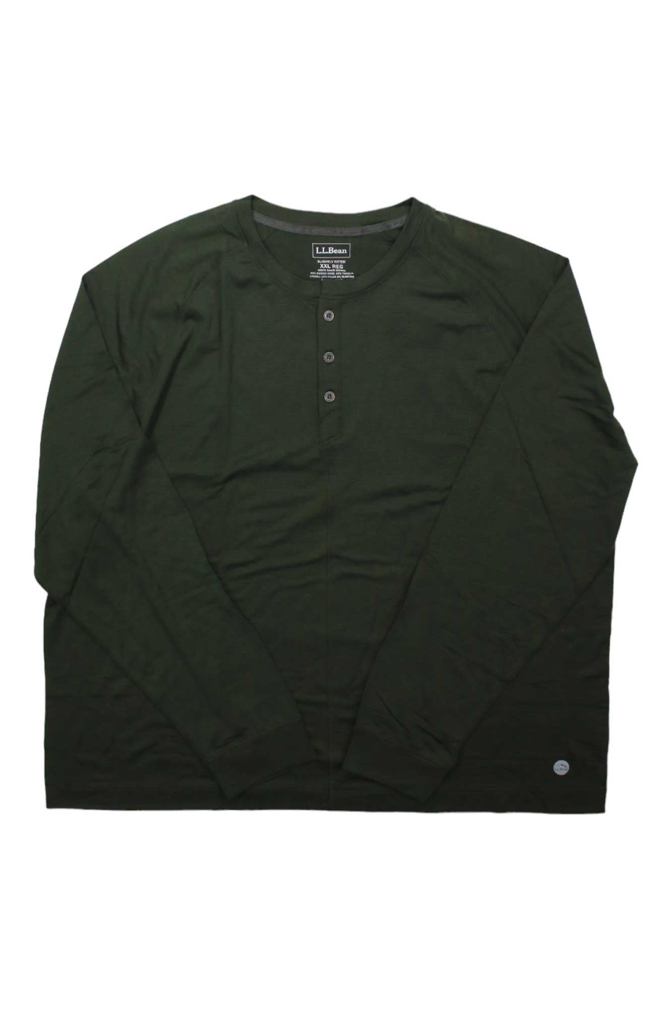 The L.L.Bean Men's Encompass Merino Wool Blend Henley is a dark green, long-sleeve shirt with a round neckline and three-button front, made from abrasion-resistant fabric and shown laid flat on a white background.