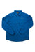 Blue long-sleeve button-up shirt with stand collar and front button placket.