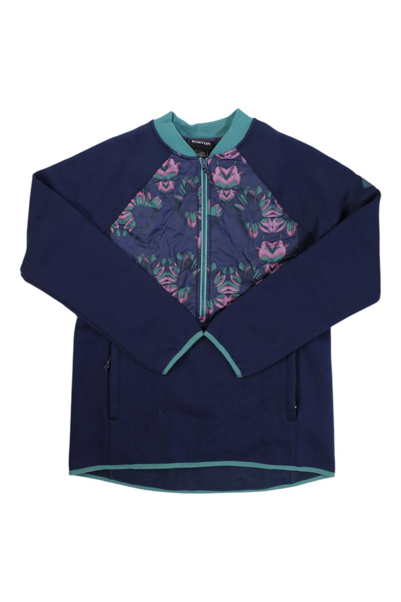 Women's hybrid anorak, navy with teal trim, floral front panel and center zip