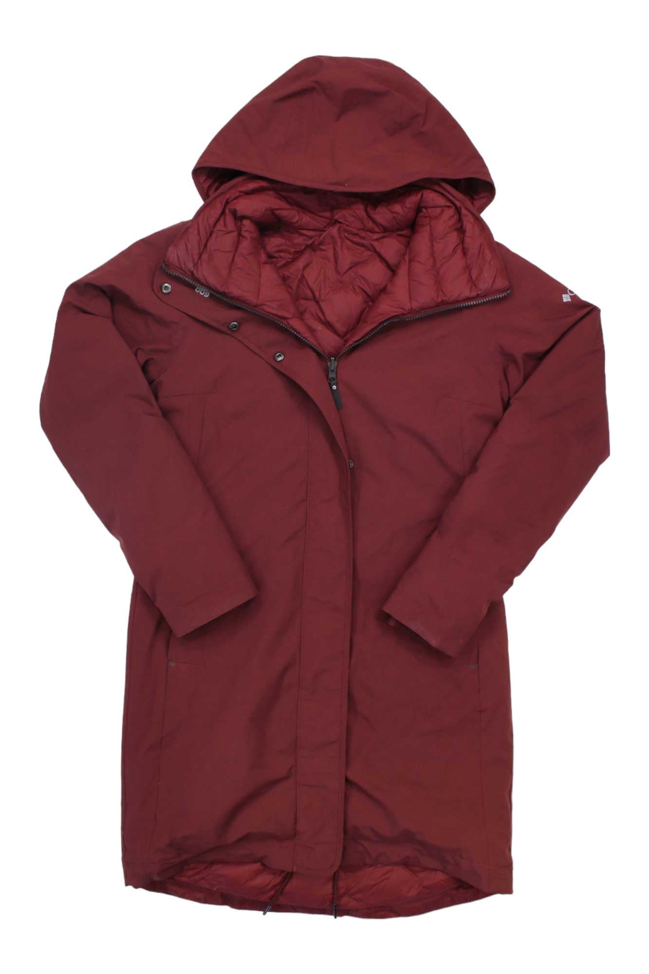 Hillsdale maroon parka with hood, front zipper, and quilted lining