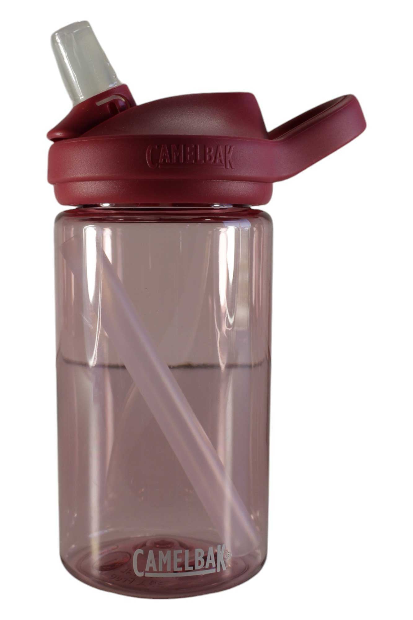 Kids water bottle with maroon lid and straw, clear body, CamelBak logo