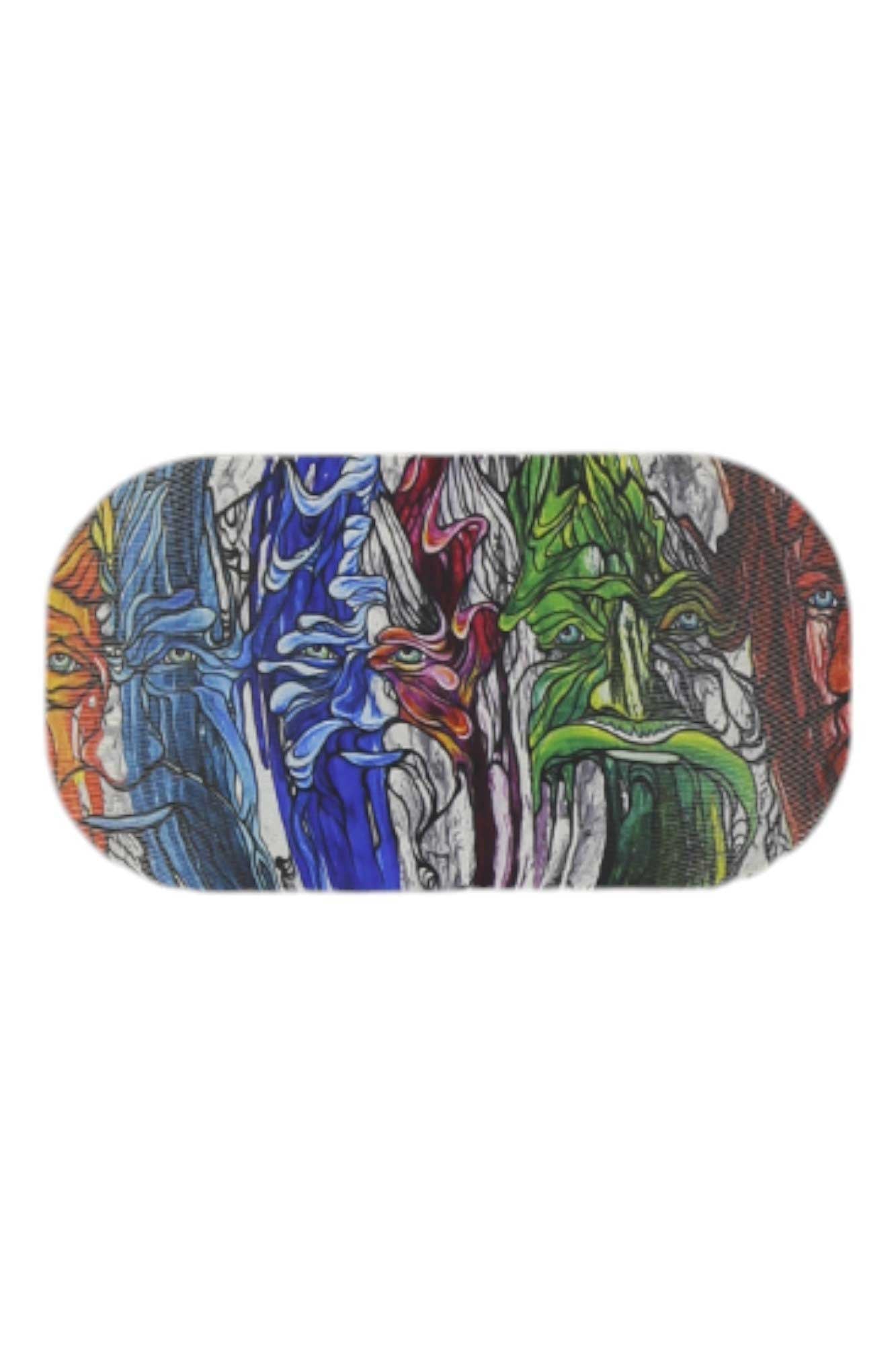 The GoggleSoc Protective Goggle Cover features a colorful abstract design of five elongated faces in blue, purple, red, green, and orange with swirling lines, offering expressive flair and eco-friendly protection for your goggles.