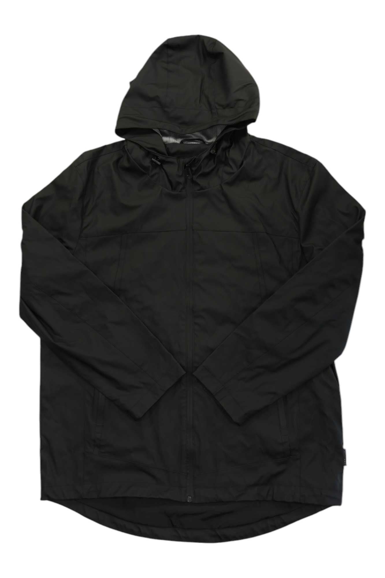 The NOIZE Men's Theo Jacket is a black, long-sleeve raincoat with a front zipper closure and mid-length cut. Shown laid flat on a white background, it features a minimalist design with no visible logos or patterns.