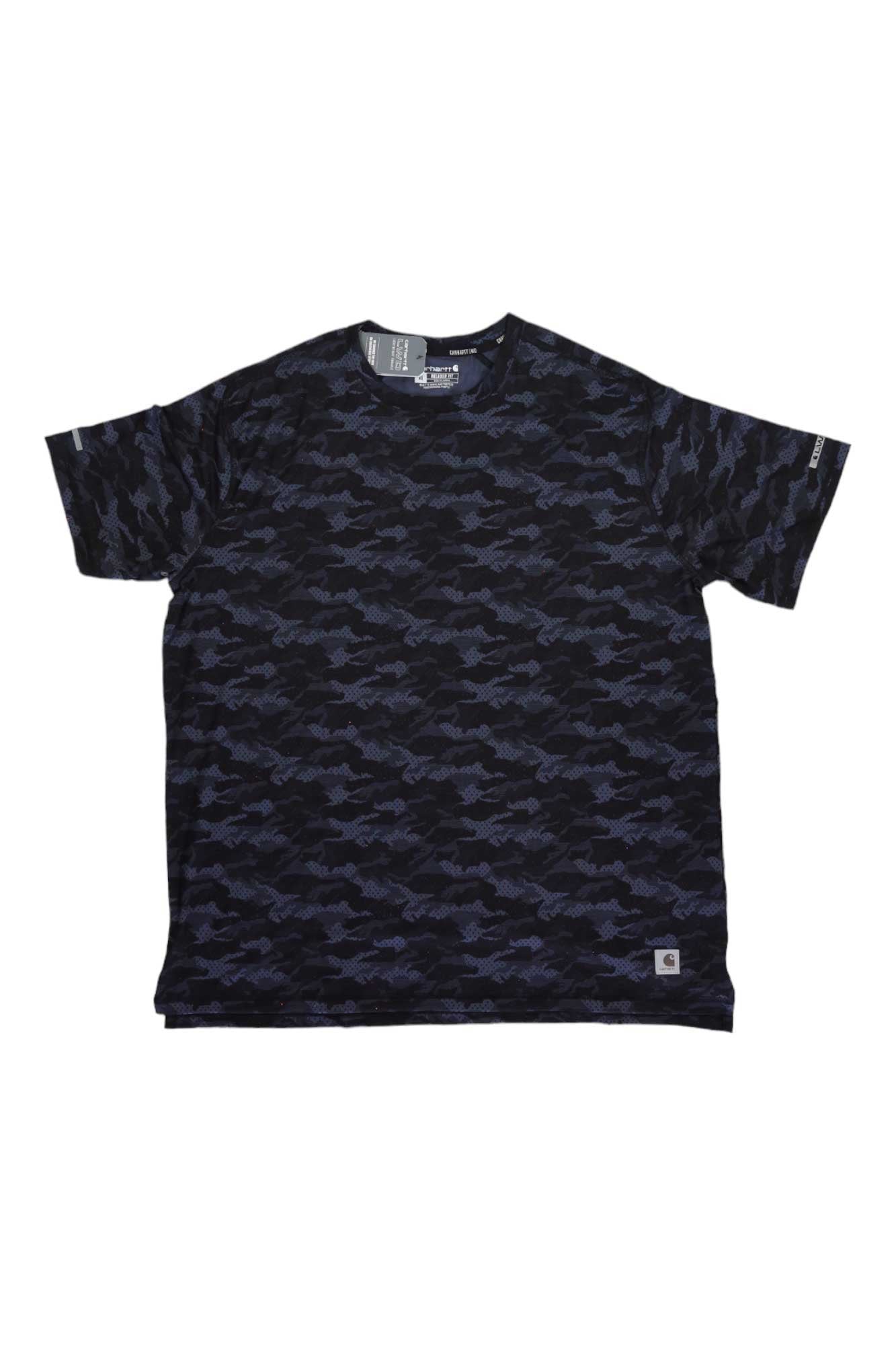 The Carhartt Men's LWD Relaxed Fit Short Sleeve Print T-Shirt features a relaxed fit, short sleeves, and a dark blue and black camouflage design, shown flat on a white background.