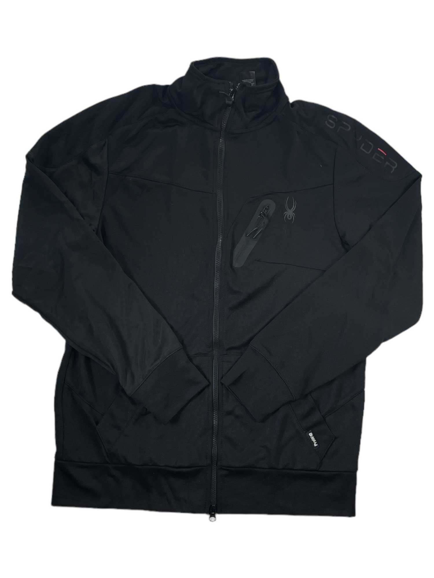 The Spyder Men's Active Full Zip Sweater Jacket features long sleeves and subtle Spyder logos on the left chest and shoulder. This lightweight, fast-drying polyester fleece is shown laid flat on a white background.