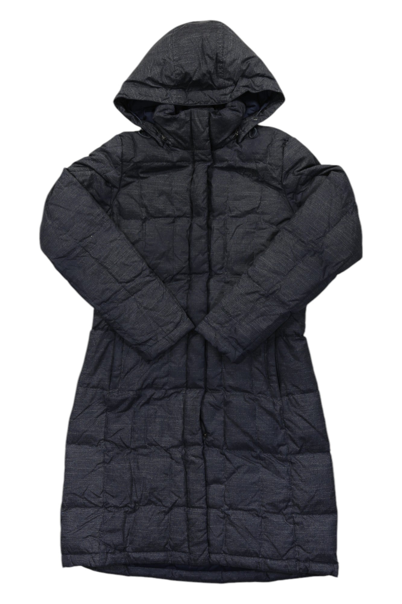 The Womens Metropolis Parka is a long, dark gray slim-fit parka for women with a quilted pattern, knee-length cut, and long sleeves. This water-repellent jacket features 550 fill goose down and is displayed flat on a white background.