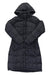 The Womens Metropolis Parka is a long, dark gray slim-fit parka for women with a quilted pattern, knee-length cut, and long sleeves. This water-repellent jacket features 550 fill goose down and is displayed flat on a white background.