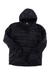 Men's dark navy down hoodie with attached hood and full-length zipper