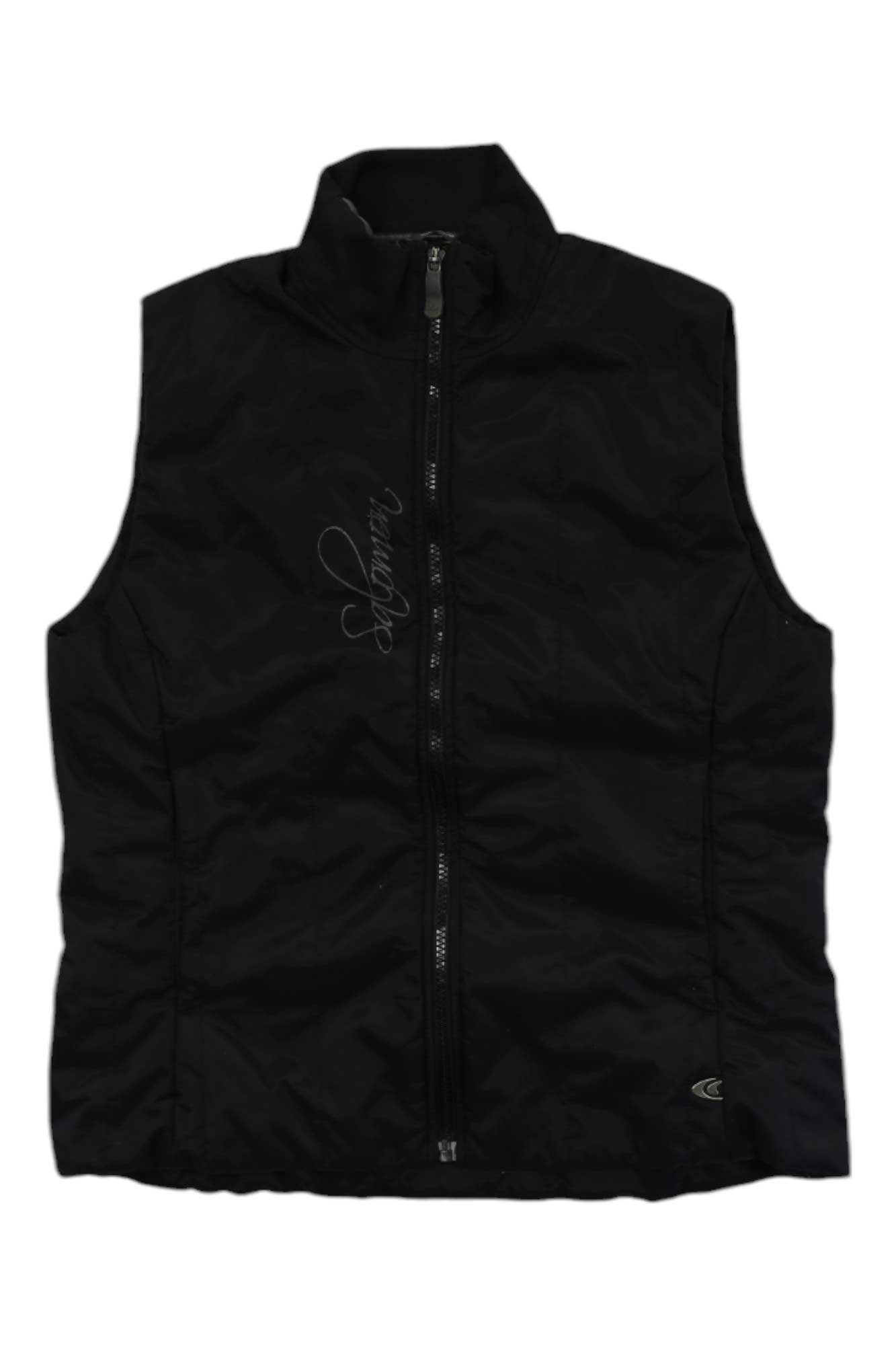 The Salomon Womens VTG Insulated Vest in black features a full front zipper, high collar, subtle embroidered detail on the left chest, and a small logo on the lower right side. This lightweight vest offers both style and warmth.