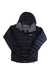 Men’s puffer jacket with hood, dark navy, full front zip, quilted panels