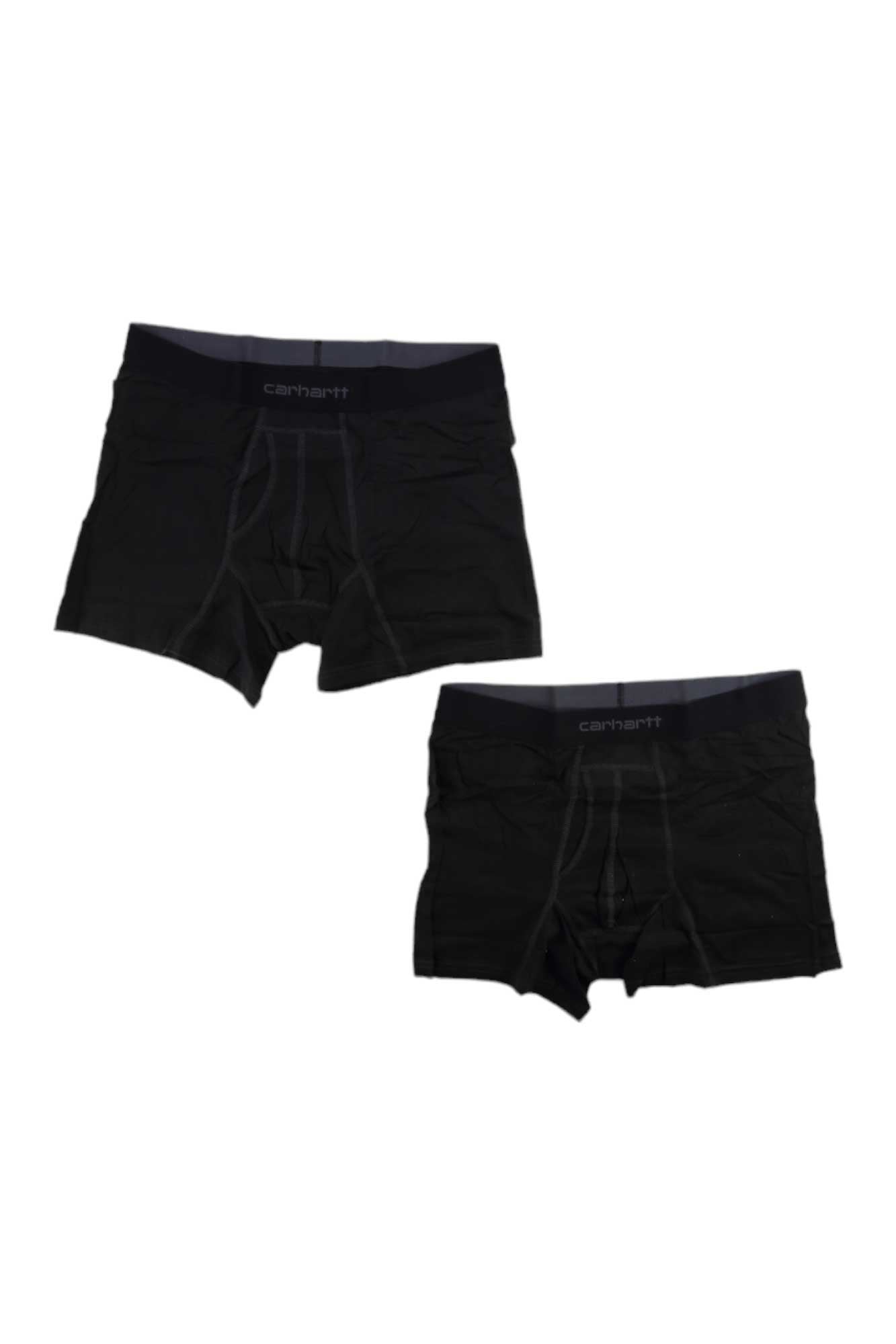 Carhartt men's black boxer briefs, 2-pack; elastic waistband and fly front.