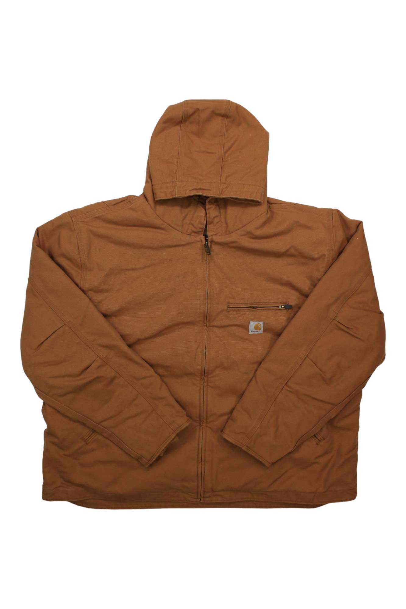 The Carhartt Men's Washed Duck Sherpa-Lined Jacket is a rugged brown outdoor jacket featuring a front zipper, long sleeves, and a left zippered chest pocket—made from durable fabric for everyday wear in tough conditions.