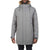 A man wears the Moosejaw Men's Hooded Down Parka in light gray, featuring a fur-trimmed hood, high collar, front zipper, velcro cuffs, and insulated design. Only his lower face and hands are visible.