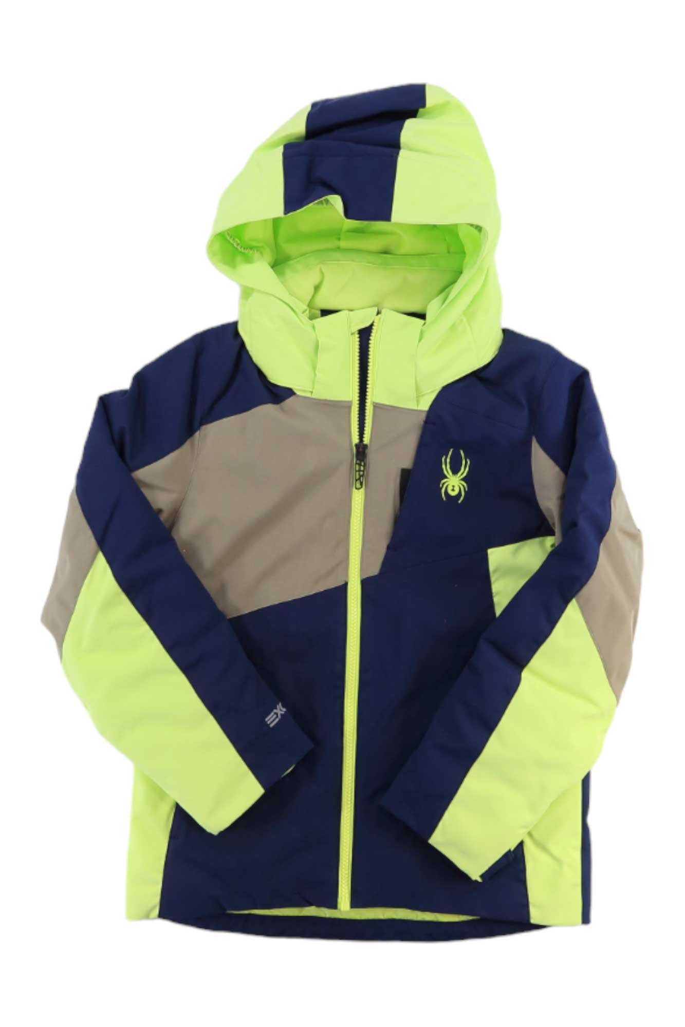 The Spyder Boys Ambush Jacket features navy blue, neon yellow, and gray color blocking, PrimaLoft Black Eco insulation, a neon yellow zipper, and a chest spider logo.