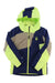 The Spyder Boys Ambush Jacket features navy blue, neon yellow, and gray color blocking, PrimaLoft Black Eco insulation, a neon yellow zipper, and a chest spider logo.