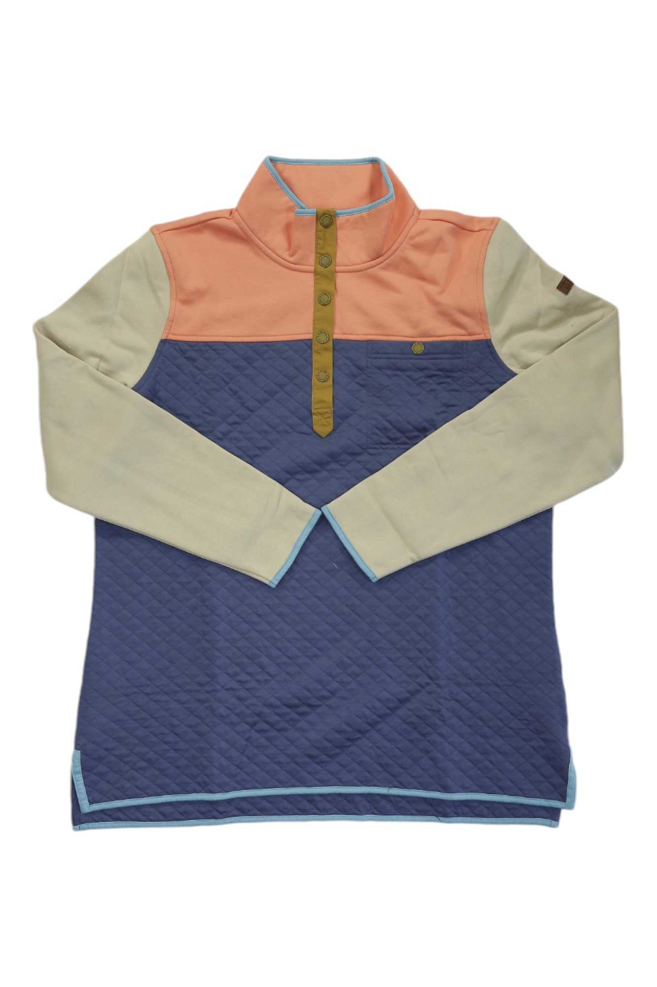 Quilted mockneck tunic, coral-and-sage sleeves with navy body, snap front placket