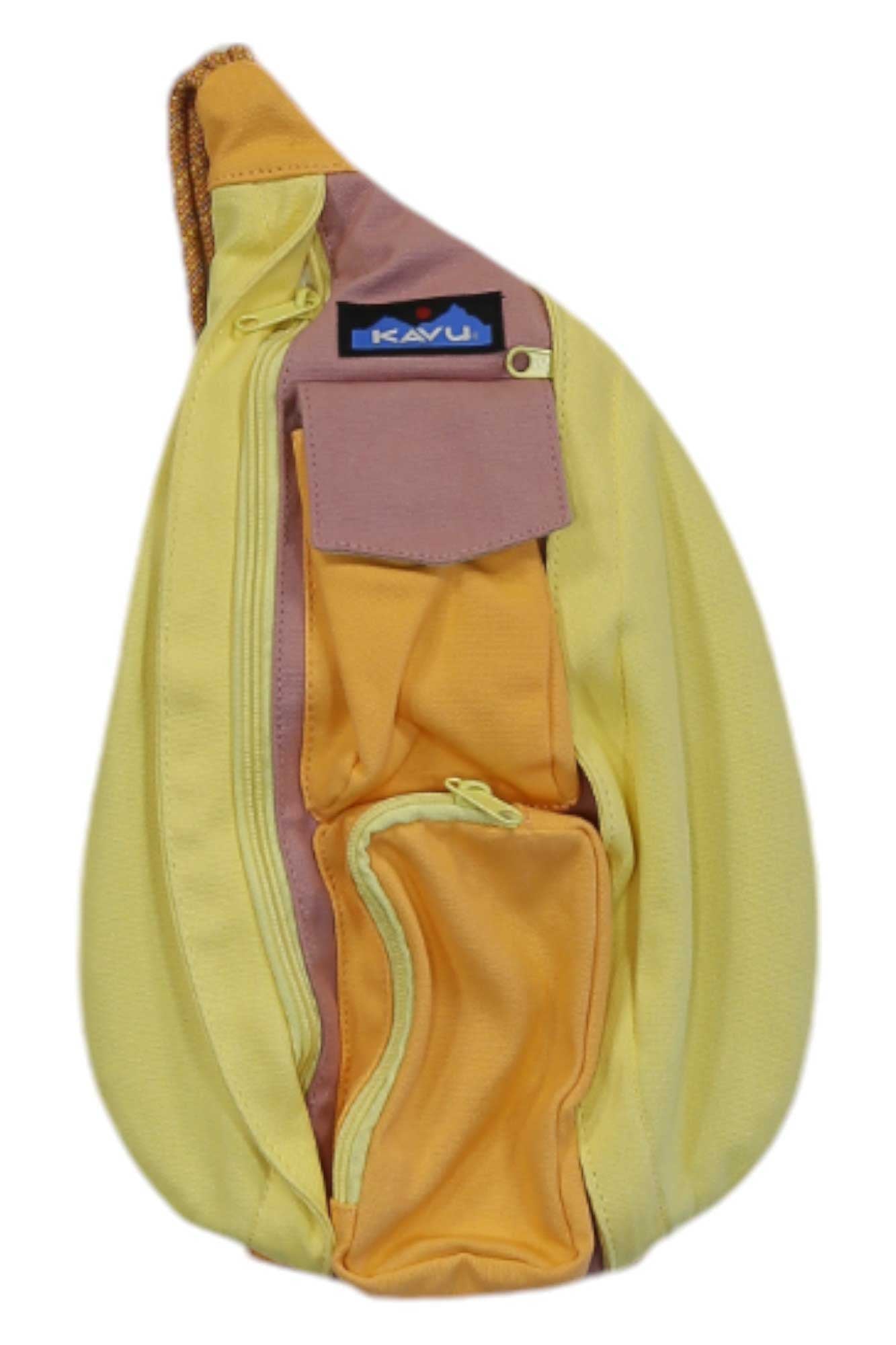 A yellow KAVU Mini Rope Bag with multiple zippered pockets and an adjustable rope shoulder strap is displayed against a white background.