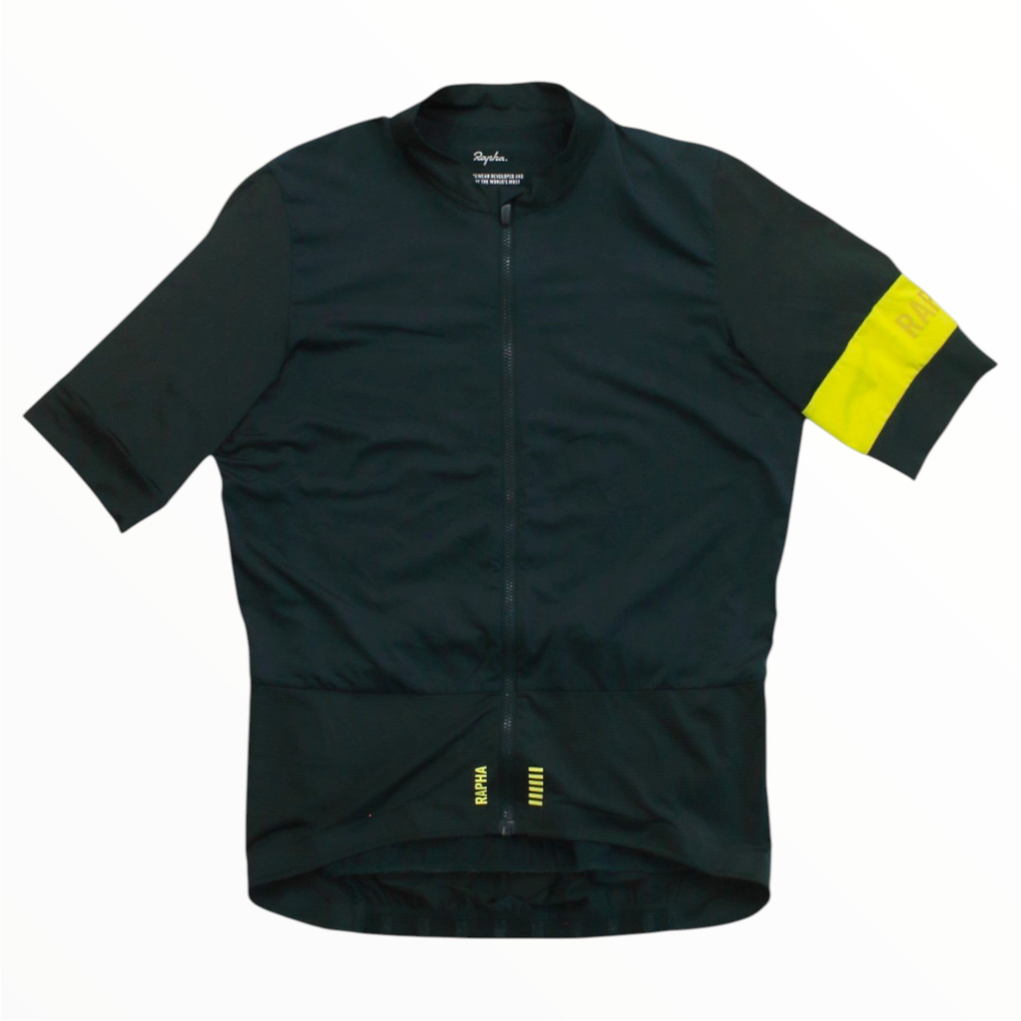 Black cycling jersey with front zipper and neon yellow sleeve stripe detail.