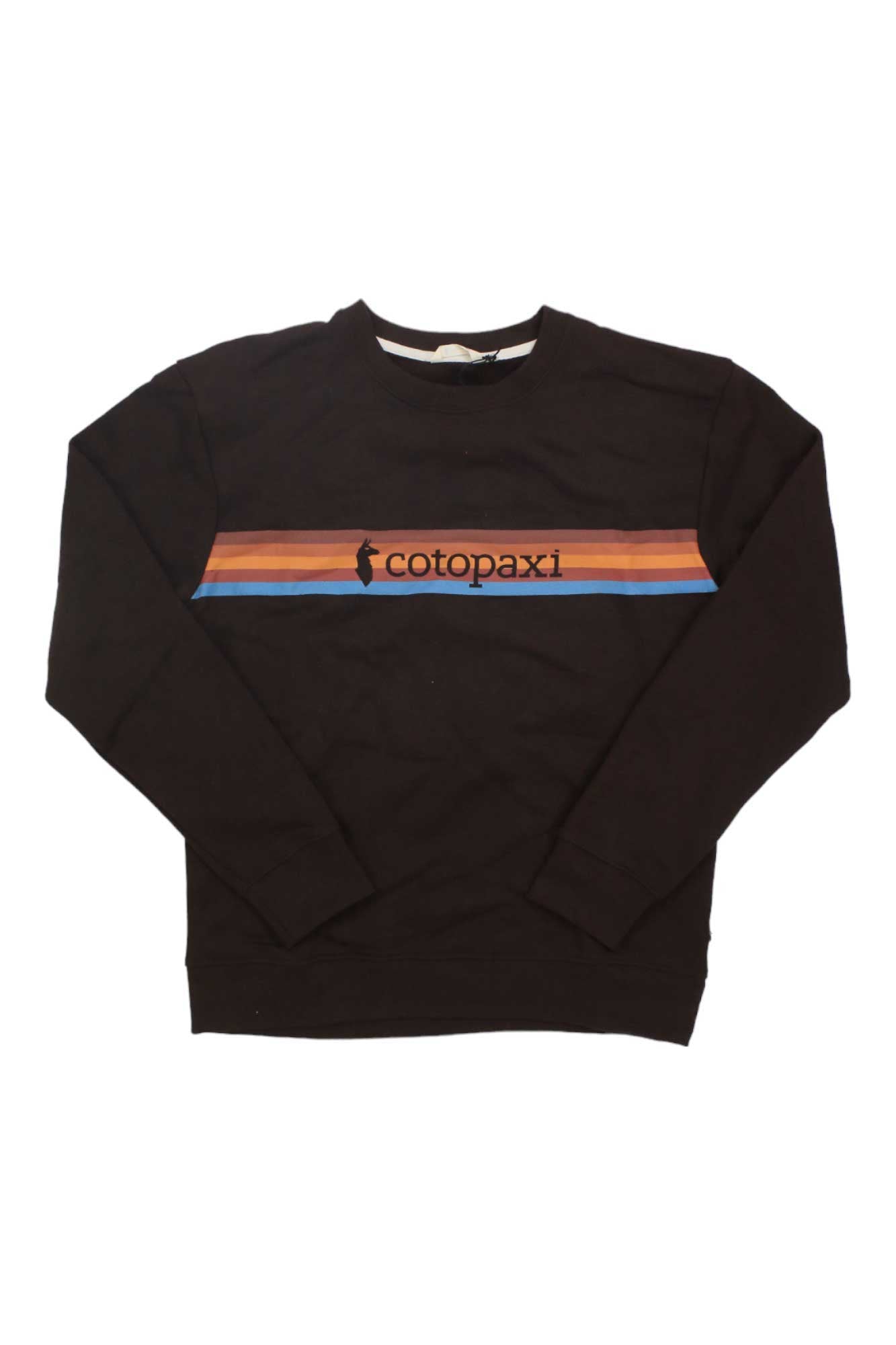 The Cotopaxi Women's On The Horizon Crew Sweatshirt features a black base with orange, red, and blue horizontal stripes across the chest, plus the Cotopaxi logo and name at the center. Made from soft organic cotton for all-day comfort.