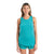 A woman with long hair faces forward, wearing the Icebreaker Womens Sphere II Tank in teal along with matching teal shorts featuring white trim, standing against a plain white background.