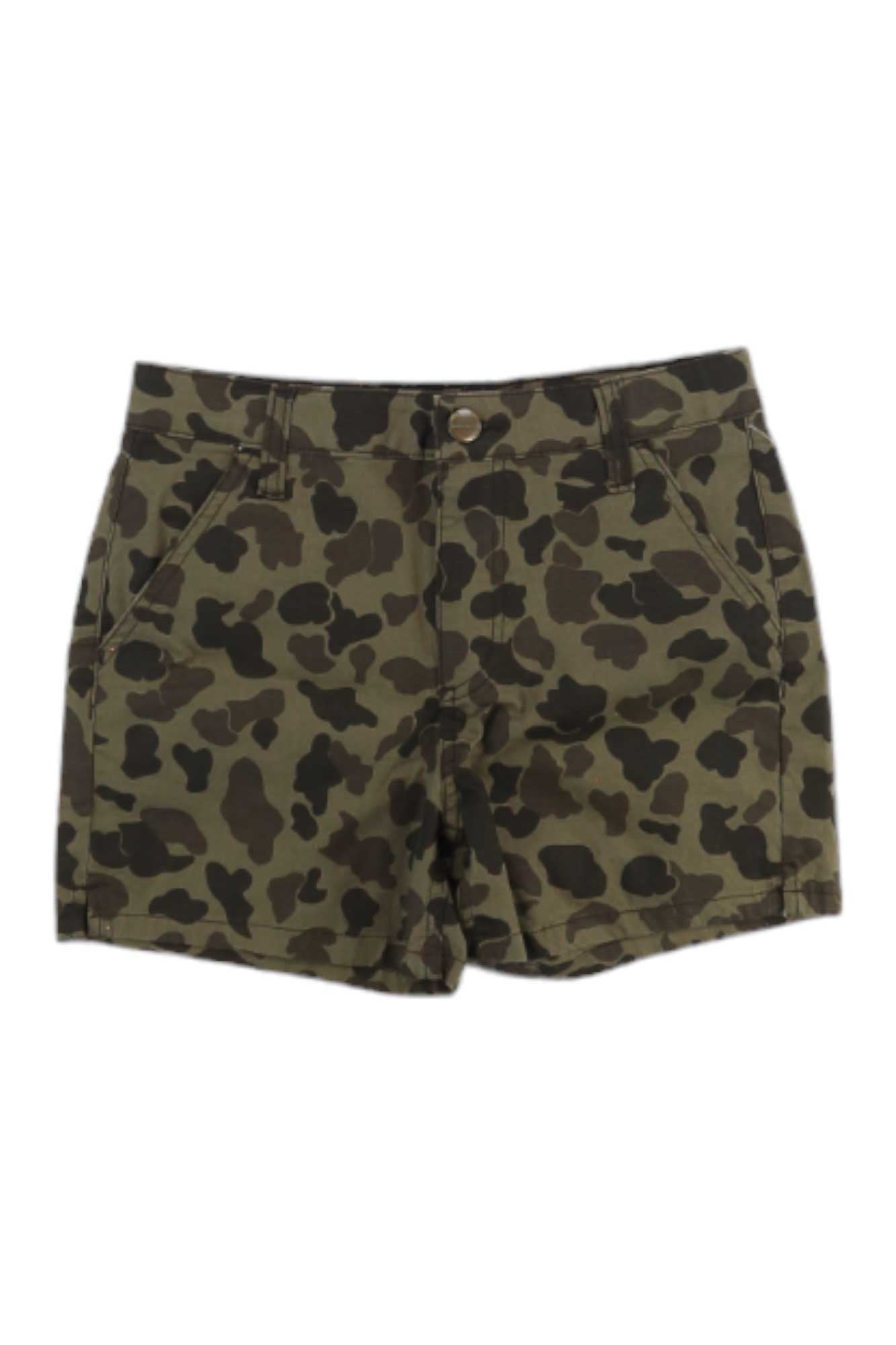 A pair of Carhartt Girls CG Camo Ripstop Short with green and brown camo print, front and cargo pockets, belt loops, button closure, and adjustable waist, is laid flat on a white background.
