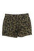A pair of Carhartt Girls CG Camo Ripstop Short with green and brown camo print, front and cargo pockets, belt loops, button closure, and adjustable waist, is laid flat on a white background.
