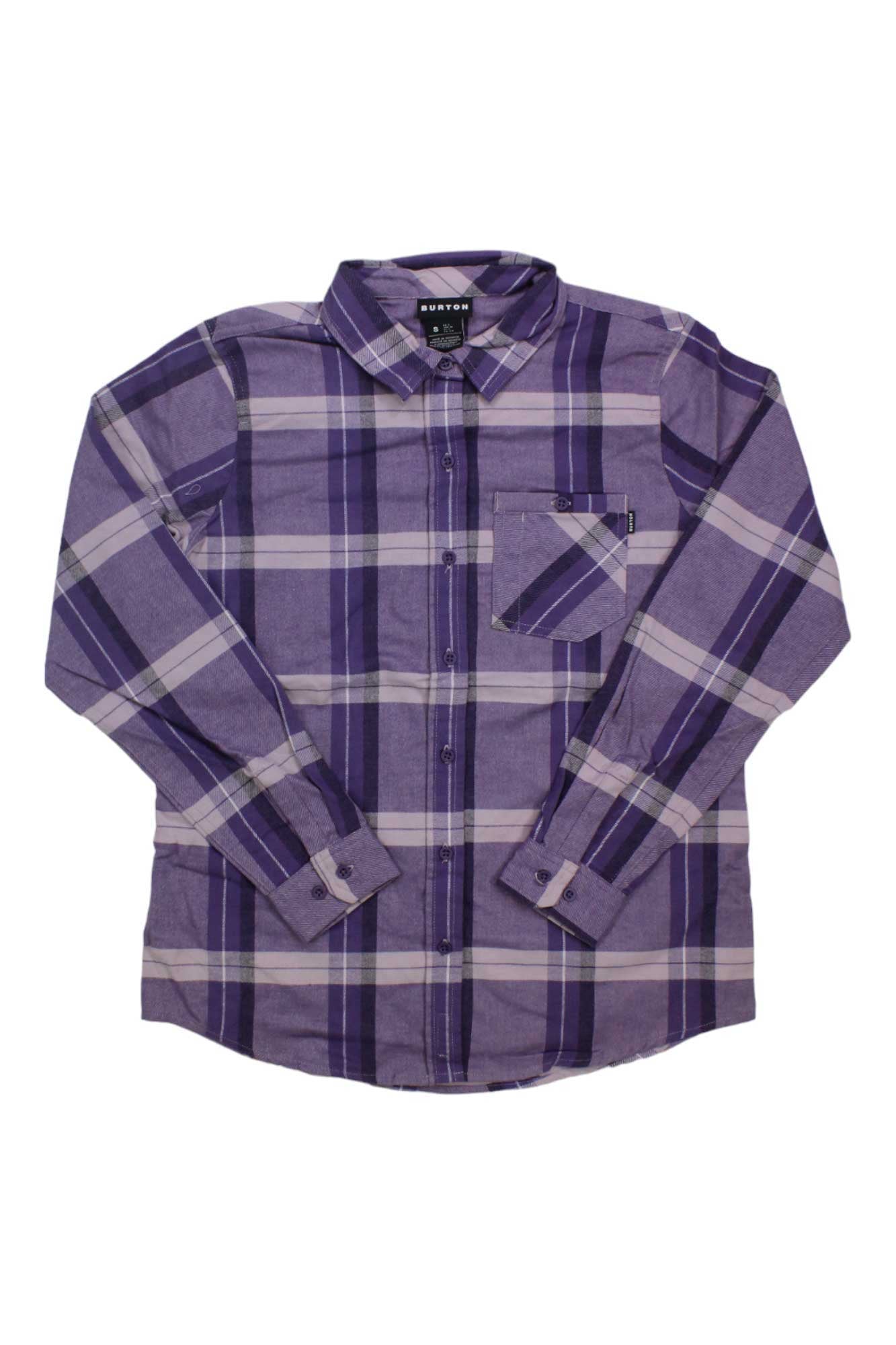 Women’s flannel long-sleeve shirt in purple plaid with chest pocket and button front