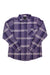 Women’s flannel long-sleeve shirt in purple plaid with chest pocket and button front