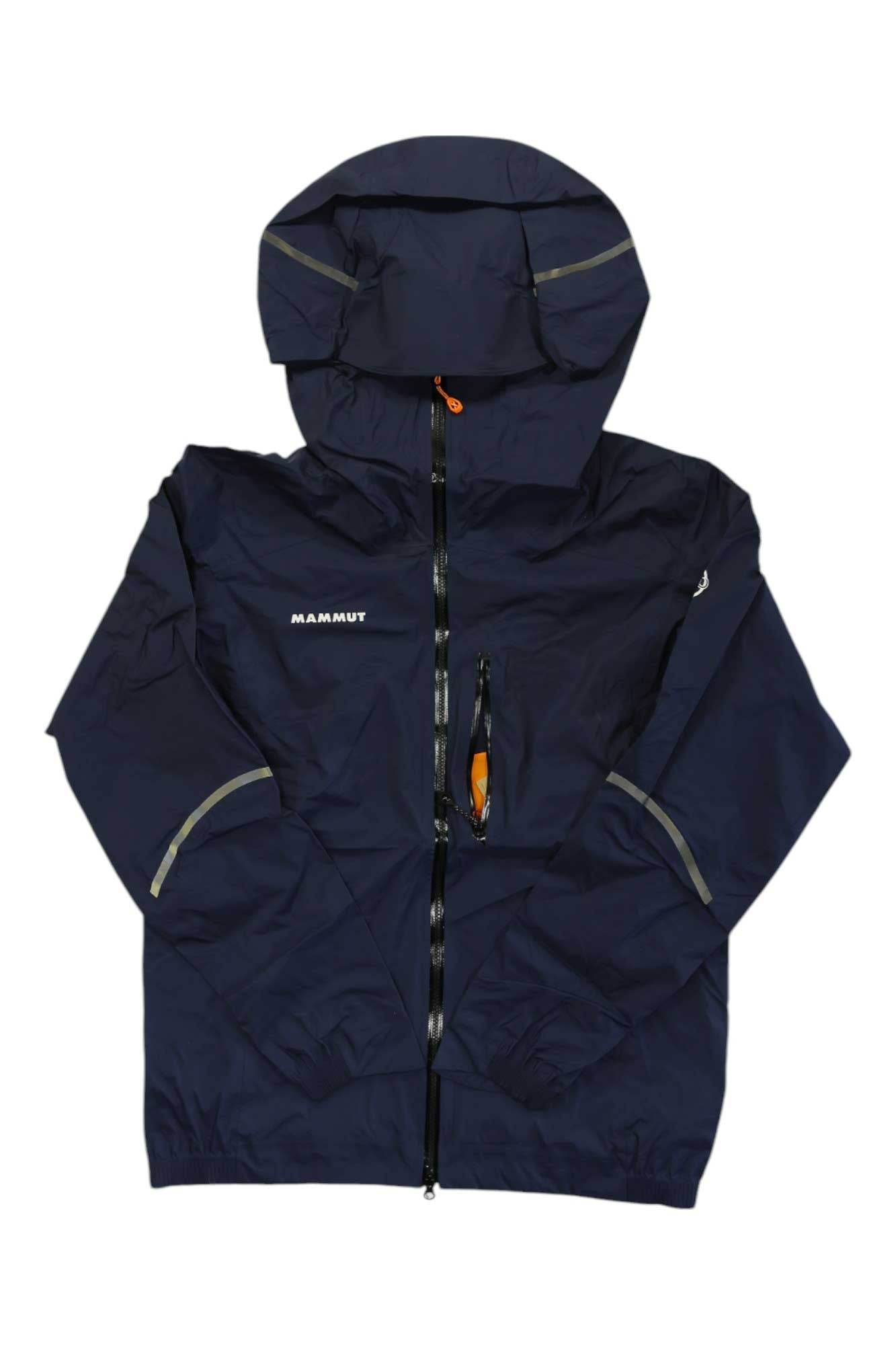A Mammut Men's Nordwand Light HS Hooded Jacket in navy blue, featuring a waterproof and breathable design with front zipper, chest pocket, reflective sleeve and hood accents, laid flat on a white background.