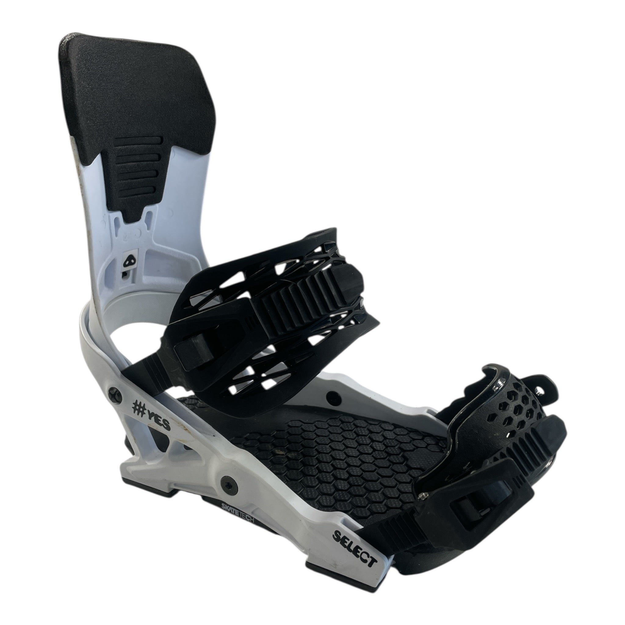 The YES Select Snowboard Bindings in black and white feature adjustable straps, a highback, and a textured footbed for superior control and all-mountain versatility, shown on a white background.