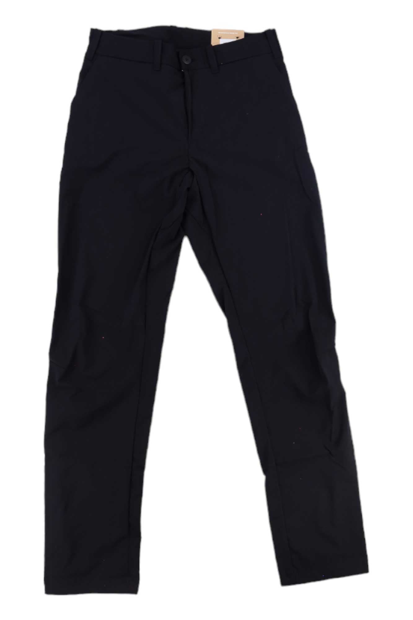 A pair of Houdini Womens Omni Pant in black stretch polyester lies flat on a white background, showcasing a waistband, belt loops, and a visible button closure at the top.