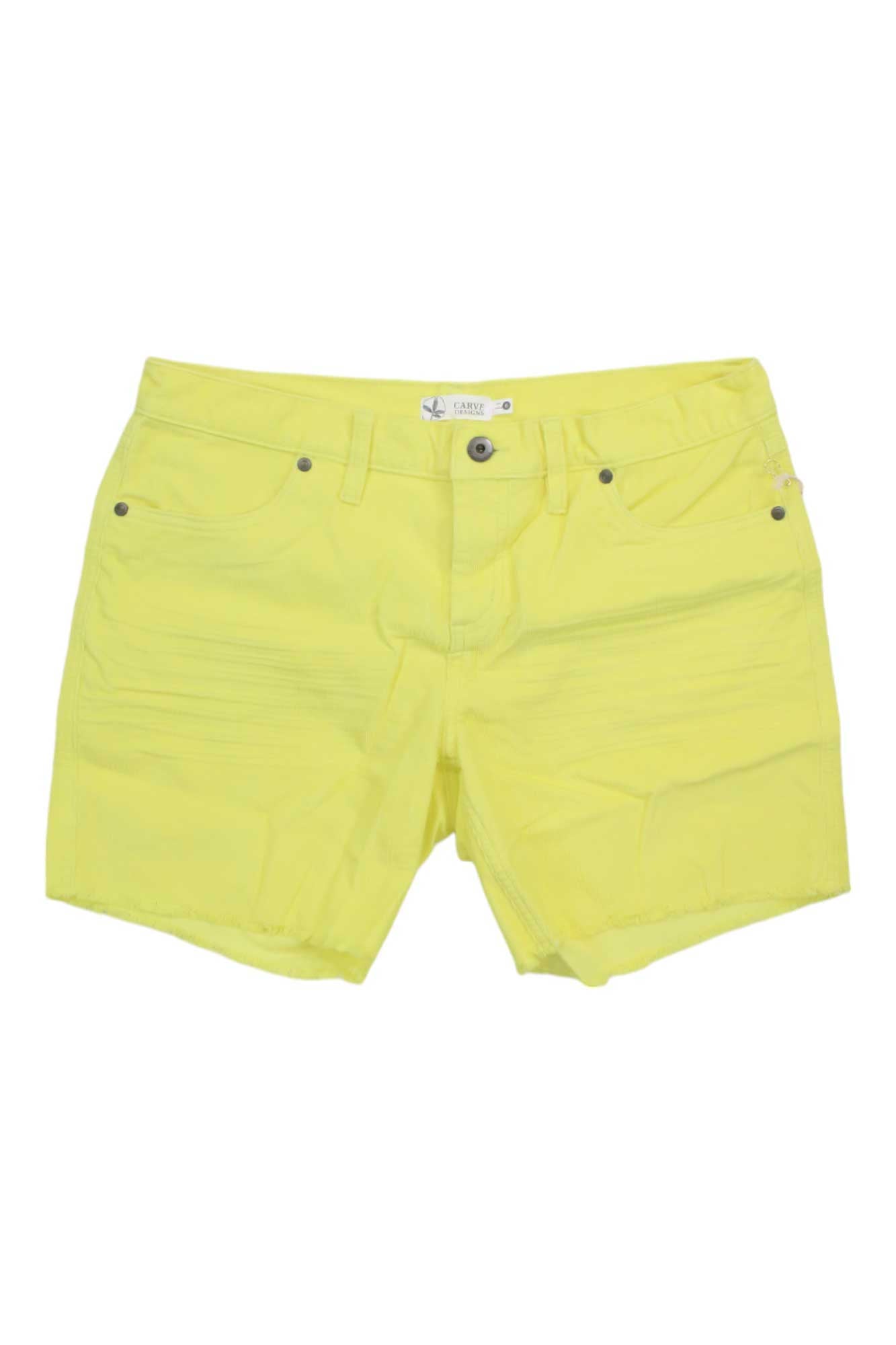 The Carve Designs Womens Oahu 6 Inch Short in bright yellow is made from organic cotton and features front and back pockets, belt loops, and a button closure. Women's shorts shown against a plain white background.