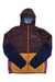The Cotopaxi Womens Teca Calido Hooded Jacket is a reversible, hooded jacket with a maroon chest and hood, navy sleeves, yellow lower front, pink side panels, orange zipper, and “Cotopaxi” logo on the upper left chest.