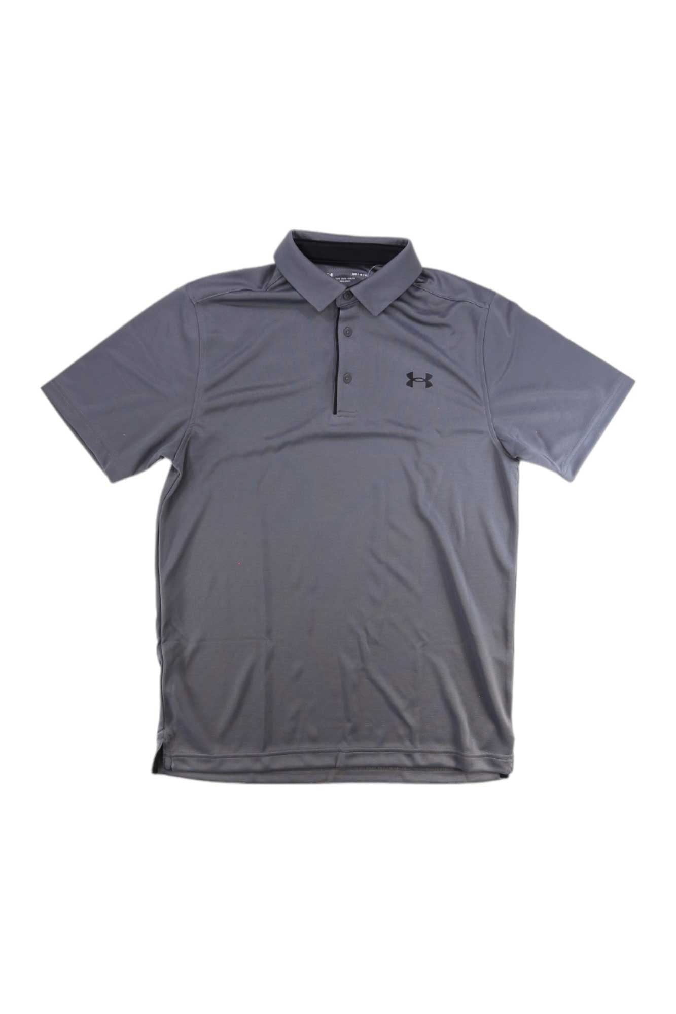 The Under Armour Mens UA Tech Polo is a gray short-sleeve polo with a collar and three buttons, featuring the Under Armour logo on the left chest. Made with moisture-wicking fabric for all-day comfort.