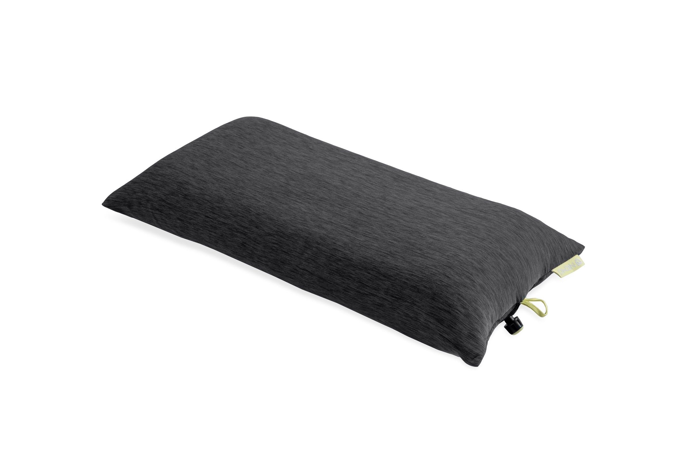 The Nemo Fillo Elite Pillow is a rectangular, dark gray ultralight backpacking pillow with a soft cover and a small yellow loop tag on one side, shown against a white background.