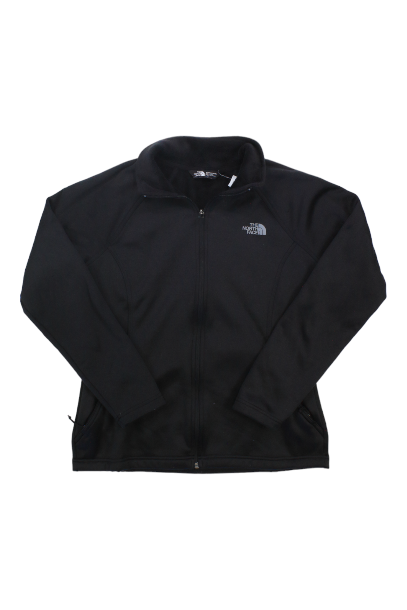 The Women's Agave Full-Zip Jacket is a black heavyweight fleece with long sleeves, a high collar, and The North Face logo on the left chest, shown laid flat on a white background.