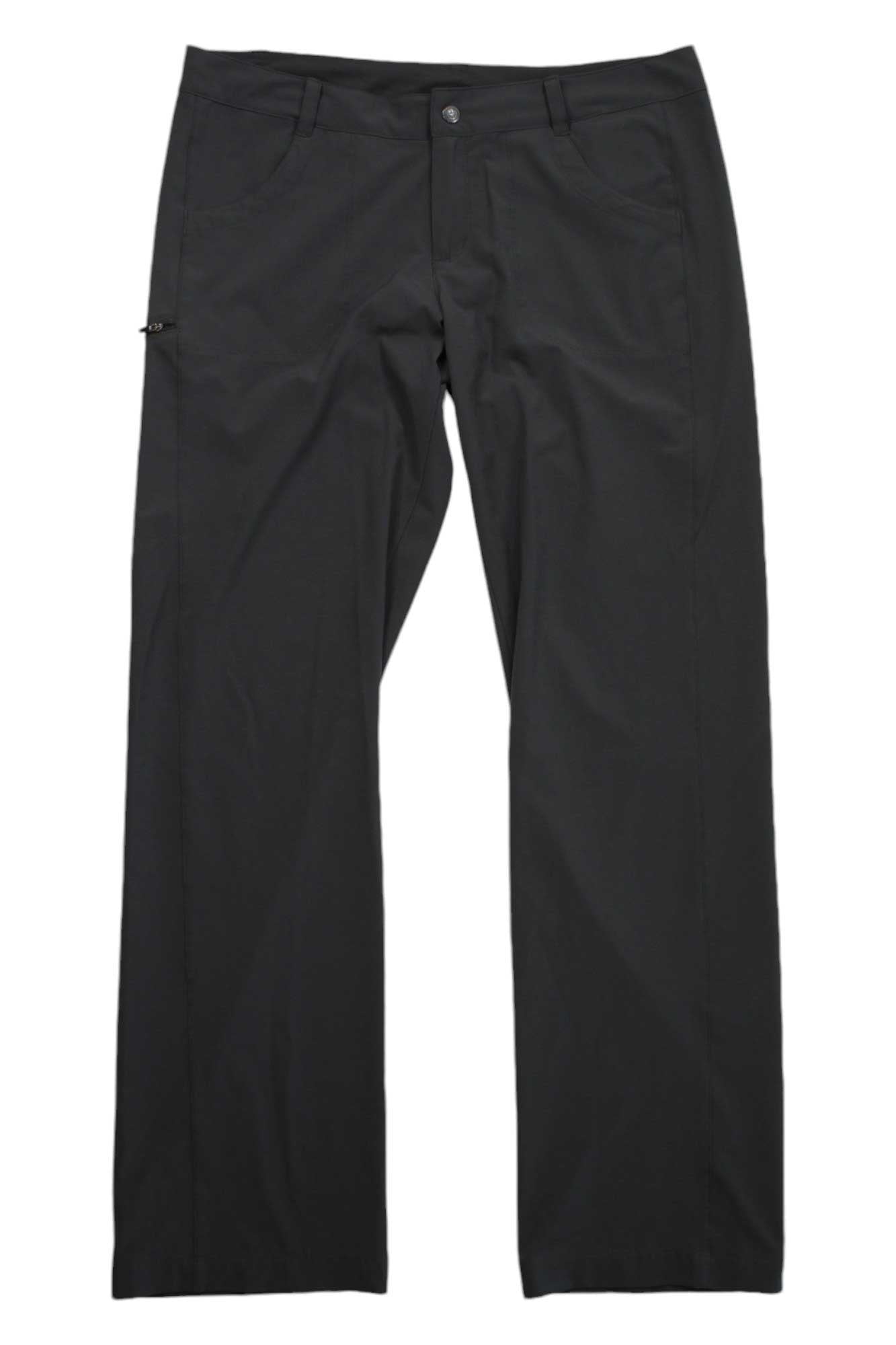The Womens Happy Hike Pants are straight-leg black hiking pants for women, featuring front pockets and a button closure, shown flat on a white background.