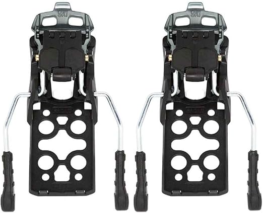 A pair of Salomon 1X2 Touring Brakes in black and silver with metal parts and circular cutouts, designed for lightweight use, shown side by side on a white background.