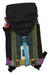 The Topo Designs Mountain 16L Pack is a multi-colored hiking backpack with a flap closure, blue buckle, orange loops, assorted panels, and a laptop sleeve, shown front-facing on a white background.