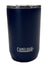 The Camelbak SST Vacuum Insulated 12oz Tumbler, shown in navy blue with a clear spill-resistant lid and the white CamelBak logo on the front, is displayed against a white background.